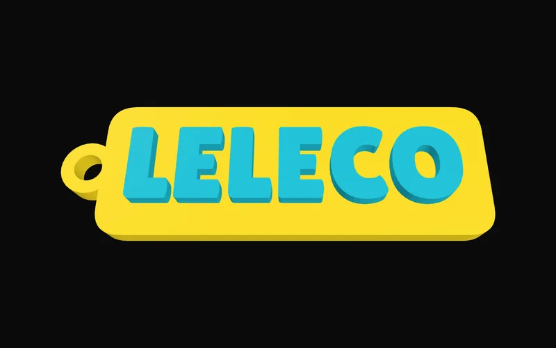 Chaveiro 3D com o nome Leleco em letras ciano sobre base amarela retangular